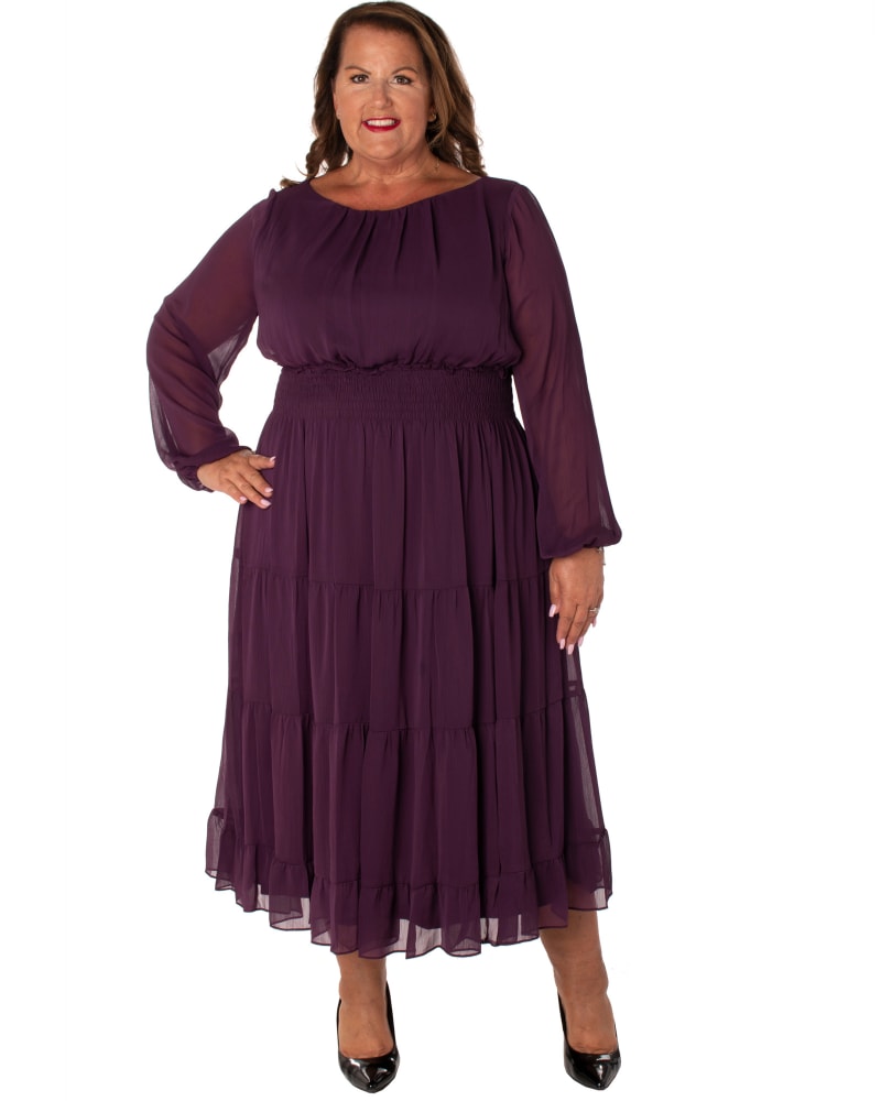 Front of a model wearing a size 22 SOILD YORYU CHIFFON FULLY LINED DRESS WITH SMOCKING in PURPL by Taylor Dress. | dia_product_style_image_id:318638